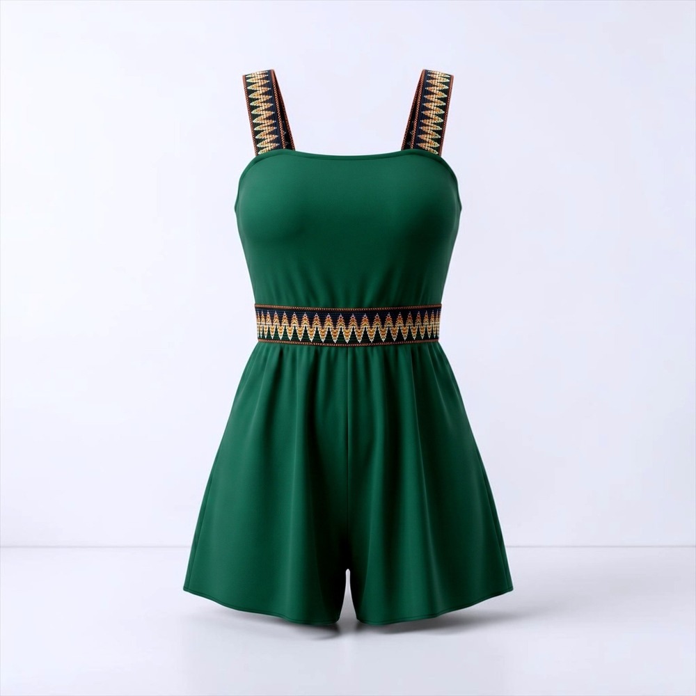 SHEIN Womens Green Sleeveless Romper Geometric Embroidered Trim Size M